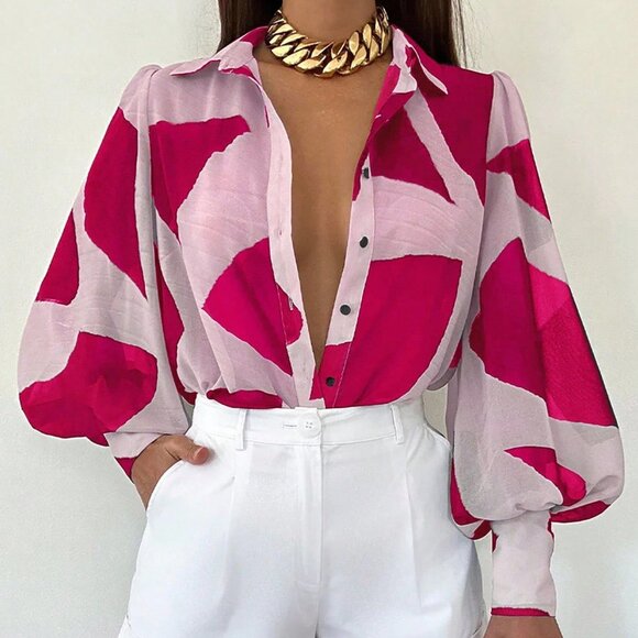 MODA ME COUTURE Tops - Hot Pink Casual Women's Geometric Print Lantern Sleeve Single-Breasted Shirt
